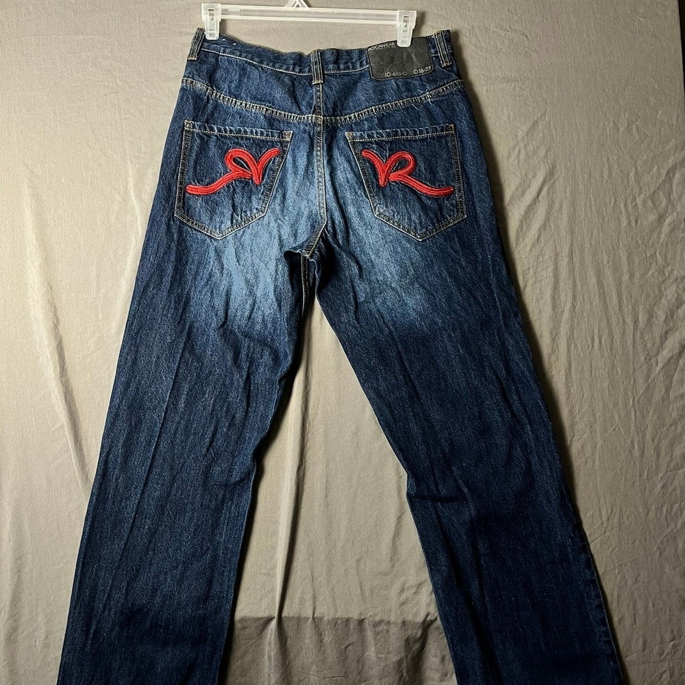 Rocawear Jeans Mens 34 Regular Fit Blue Y2K Red Embroidered Logo EUC